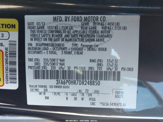 2013 Ford Fusion Se მანქანა იყიდება აუქციონზე, vin: 3FA6P0HR7DR248850, აუქციონის ნომერი: 46312672