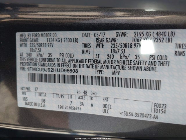46312723 :رقم المزاد ، 1FMCU9J92HUD95608 vin ، 2017 Ford Escape Titanium مزاد بيع