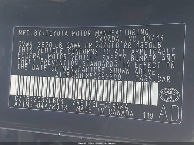 2015 Toyota Corolla Le მანქანა იყიდება აუქციონზე, vin: 2T1BURHE8FC292500, აუქციონის ნომერი: 46312730