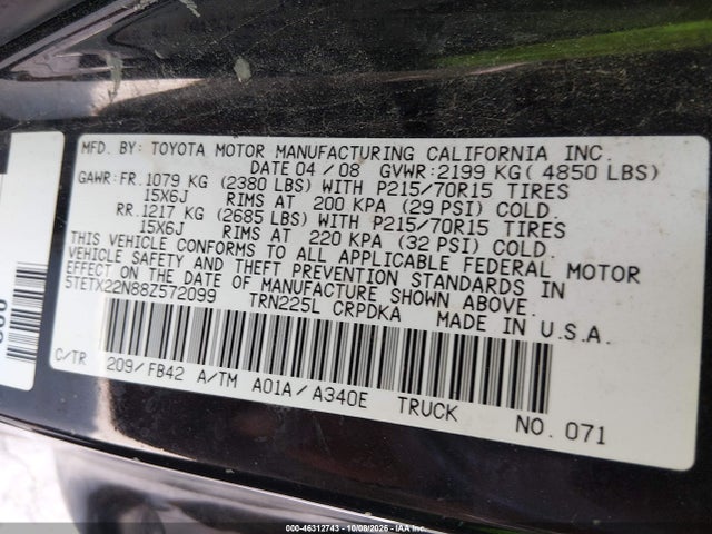 2008 Toyota Tacoma მანქანა იყიდება აუქციონზე, vin: 5TETX22N88Z572099, აუქციონის ნომერი: 46312743