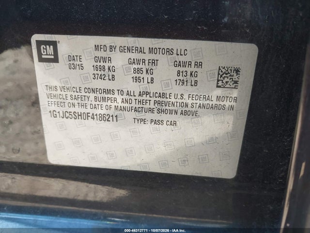 Продажа на аукционе авто 2015 Chevrolet Sonic Lt Auto, vin: 1G1JC5SH0F4186211, номер лота: 46312771