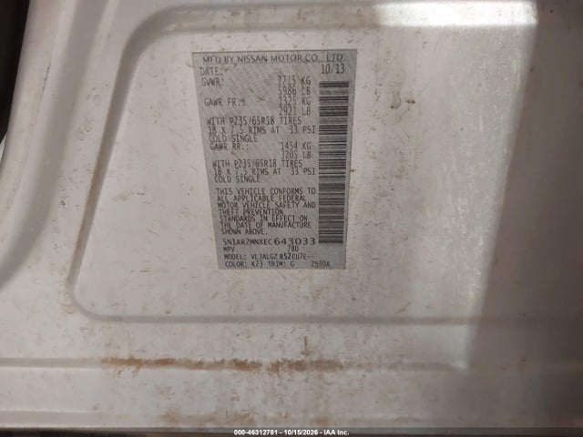 46312781 :رقم المزاد ، 5N1AR2MNXEC643033 vin ، 2014 Nissan Pathfinder Sl مزاد بيع