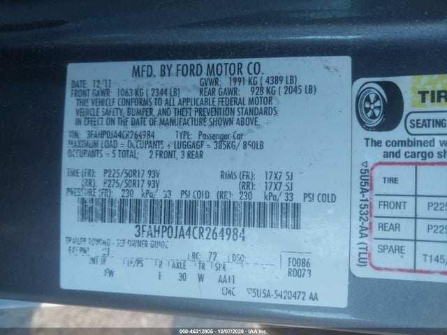Продажа на аукционе авто 2012 Ford Fusion Sel, vin: 3FAHP0JA4CR264984, номер лота: 46312805