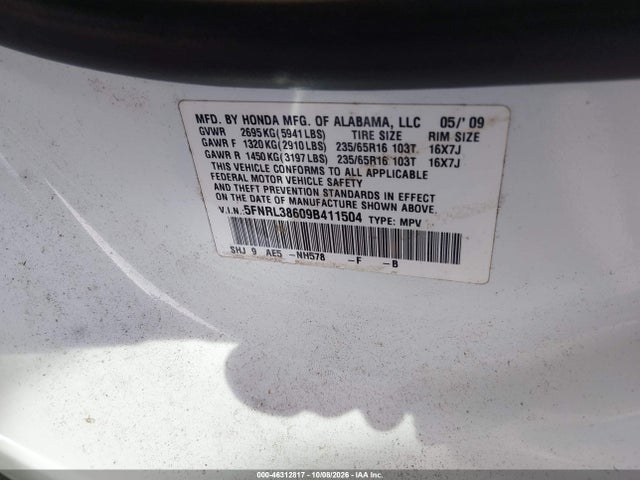 Aukcja sprzedaży 2009 Honda Odyssey Ex-l, vin: 5FNRL38609B411504, numer aukcji: 46312817