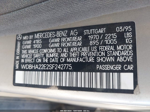 Продаж на аукціоні авто 1995 Mercedes-benz C 220, vin: WDBHA22E2SF242775, номер лоту: 46312824