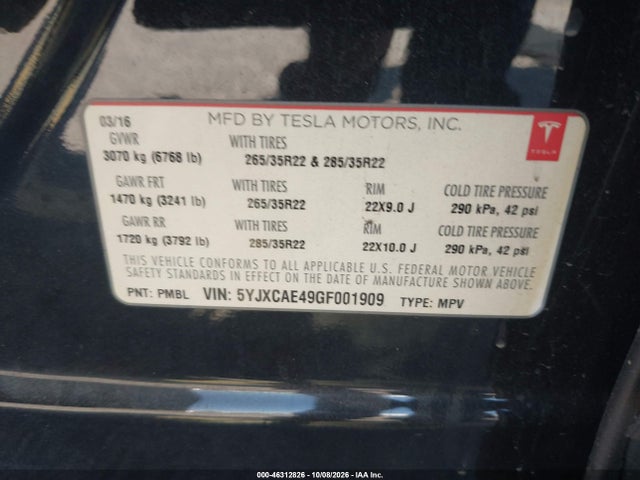 46312826 :رقم المزاد ، 5YJXCAE49GF001909 vin ، 2016 Tesla Model X 60d/p100d/p90d مزاد بيع