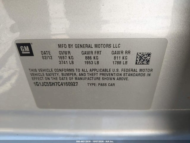 Aukcja sprzedaży 2012 Chevrolet Sonic 2lt, vin: 1G1JC5SH7C4160927, numer aukcji: 46312839