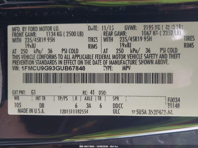 Ford ESCAPE SE 2016 1FMCU9G93GUB67848 Image 9
