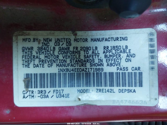Aukcja sprzedaży 2010 Toyota Corolla S, vin: 1NXBU4EE0AZ171989, numer aukcji: 46312925