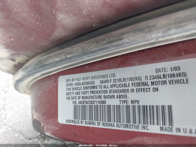 2003 Subaru Baja Sport მანქანა იყიდება აუქციონზე, vin: 4S4BT62C937110580, აუქციონის ნომერი: 46312931