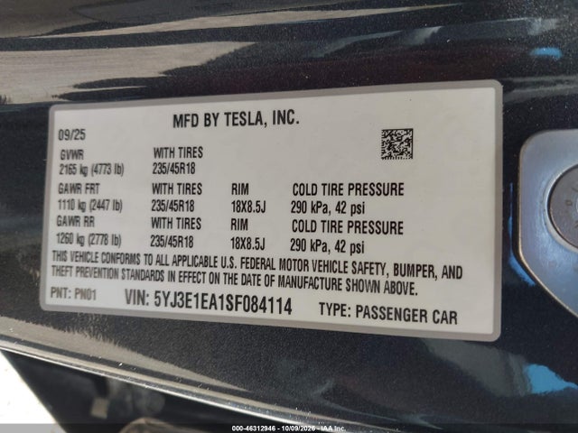 Auction sale of the 2025 Tesla Model 3 Long Range Rear-wheel Drive/standard Rear-wheel Drive, vin: 5YJ3E1EA1SF084114, lot number: 46312946