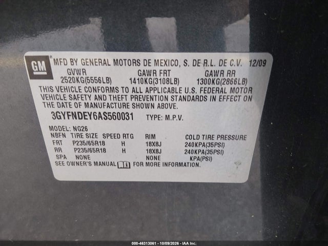 46313061 :رقم المزاد ، 3GYFNDEY6AS560031 vin ، 2010 Cadillac Srx Luxury Collection مزاد بيع
