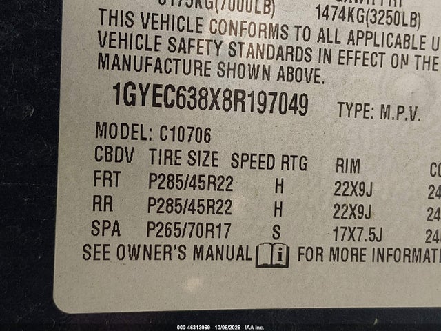 2008 Cadillac Escalade Standard მანქანა იყიდება აუქციონზე, vin: 1GYEC638X8R197049, აუქციონის ნომერი: 46313069