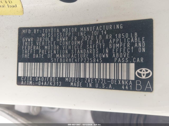 Aukcja sprzedaży 2015 Toyota Corolla Le, vin: 5YFBURHE4FP225845, numer aukcji: 46313087
