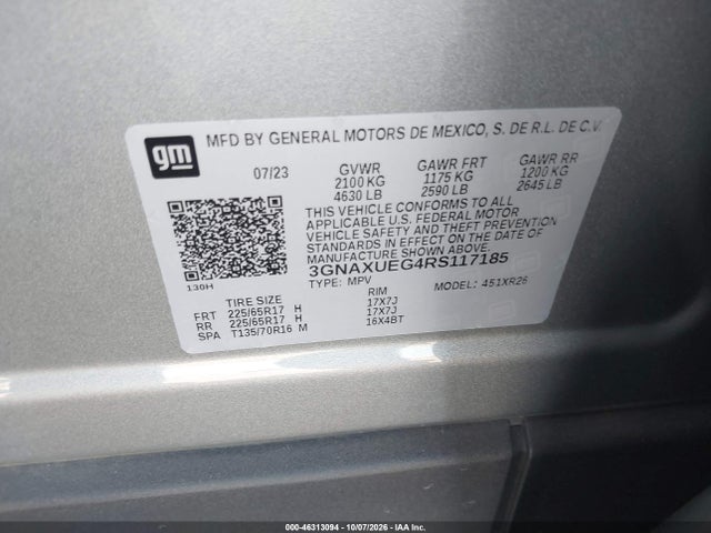 Продаж на аукціоні авто 2024 Chevrolet Equinox Awd Lt, vin: 3GNAXUEG4RS117185, номер лоту: 46313094
