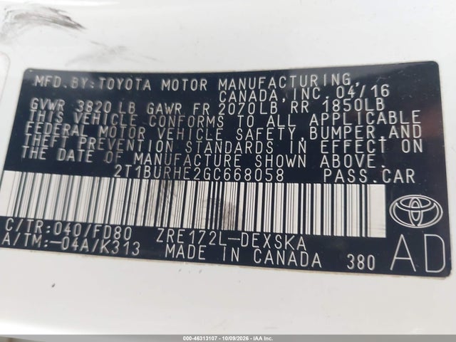 Продажа на аукционе авто 2016 Toyota Corolla S Plus, vin: 2T1BURHE2GC668058, номер лота: 46313107