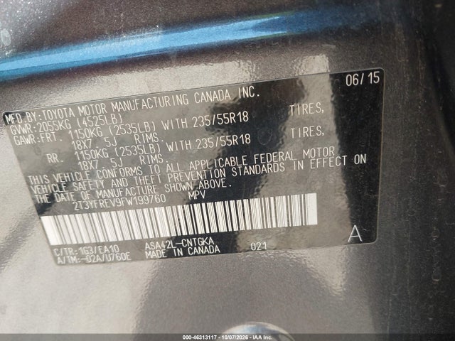 46313117 :رقم المزاد ، 2T3YFREV9FW199760 vin ، 2015 Toyota Rav4 Limited مزاد بيع