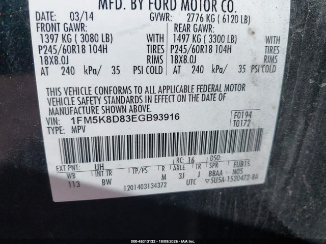 Aukcja sprzedaży 2014 Ford Explorer Xlt, vin: 1FM5K8D83EGB93916, numer aukcji: 46313132