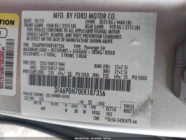2014 Ford Fusion Se მანქანა იყიდება აუქციონზე, vin: 3FA6P0H70ER187356, აუქციონის ნომერი: 46313139