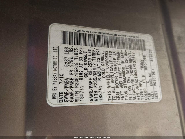 Aukcja sprzedaży 2010 Nissan Murano Sl, vin: JN8AZ1MW3AW137662, numer aukcji: 46313145