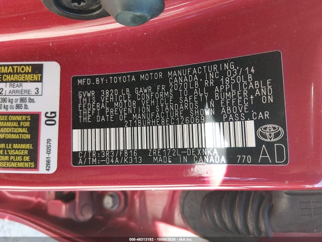 Продаж на аукціоні авто 2014 Toyota Corolla Le, vin: 2T1BURHE8EC126069, номер лоту: 46313192