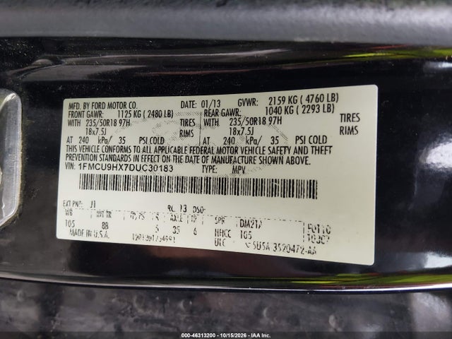 2013 Ford Escape Sel მანქანა იყიდება აუქციონზე, vin: 1FMCU9HX7DUC30183, აუქციონის ნომერი: 46313200