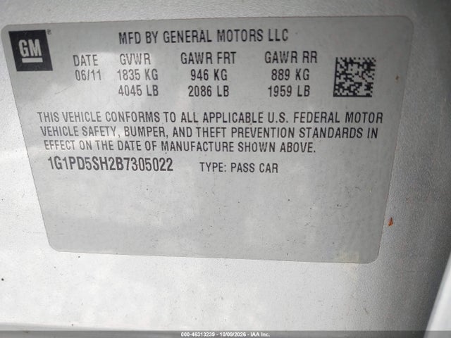 46313239 :رقم المزاد ، 1G1PD5SH2B7305022 vin ، 2011 Chevrolet Cruze Ls مزاد بيع