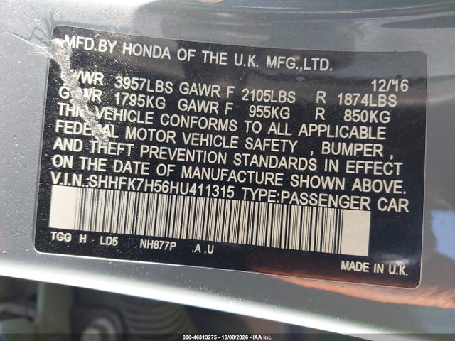 Aukcja sprzedaży 2017 Honda Civic Ex, vin: SHHFK7H56HU411315, numer aukcji: 46313275