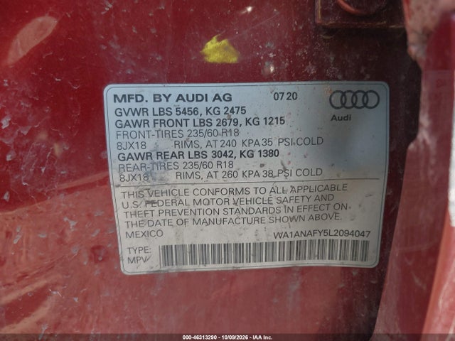 Продажа на аукционе авто 2020 Audi Q5 Premium 45 Tfsi Quattro S Tronic, vin: WA1ANAFY5L2094047, номер лота: 46313290