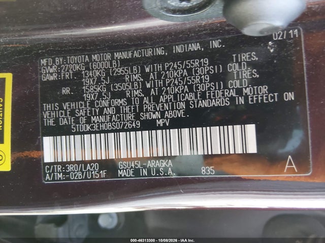 Продаж на аукціоні авто 2011 Toyota Highlander Limited V6, vin: 5TDDK3EH0BS072649, номер лоту: 46313300