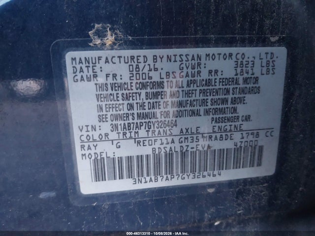 46313310 :رقم المزاد ، 3N1AB7AP7GY326464 vin ، 2016 Nissan Sentra Sv مزاد بيع