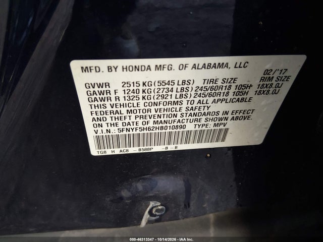 Продаж на аукціоні авто 2017 Honda Pilot Ex-l, vin: 5FNYF5H62HB010890, номер лоту: 46313347
