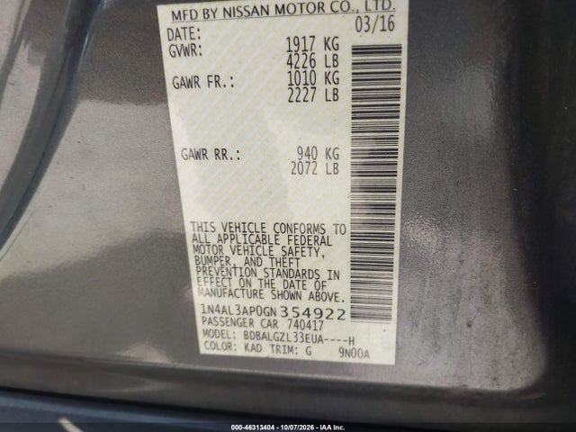Продаж на аукціоні авто 2016 Nissan Altima 2.5 S, vin: 1N4AL3AP0GN354922, номер лоту: 46313404