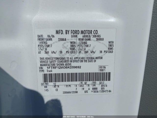 46313432 :رقم المزاد ، 1FTRF12W36KD59692 vin ، 2006 Ford F-150 Stx/xl/xlt مزاد بيع