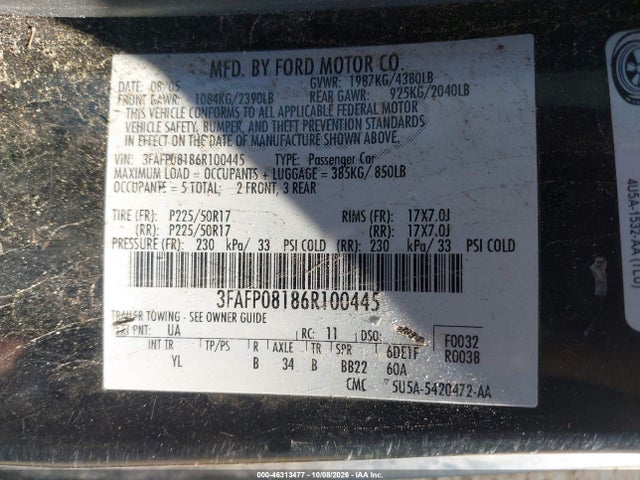 Aukcja sprzedaży 2006 Ford Fusion Sel, vin: 3FAFP08186R100445, numer aukcji: 46313477