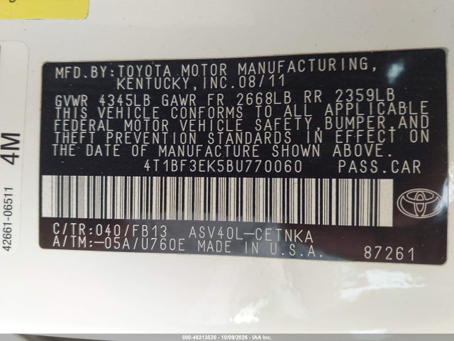 46313520 :رقم المزاد ، 4T1BF3EK5BU770060 vin ، 2011 Toyota Camry Le مزاد بيع