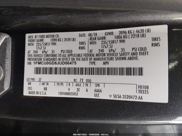 Aukcja sprzedaży 2018 Ford Escape Se, vin: 1FMCU0GD8JUD06475, numer aukcji: 46313522
