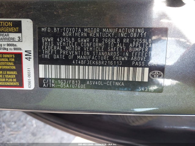 Aukcja sprzedaży 2011 Toyota Camry Le, vin: 4T4BF3EK6BR216113, numer aukcji: 46313549