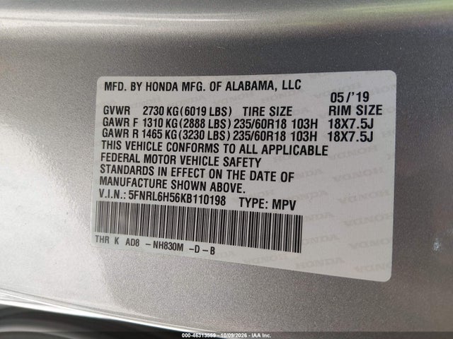 Продажа на аукционе авто 2019 Honda Odyssey Ex, vin: 5FNRL6H56KB110198, номер лота: 46313559