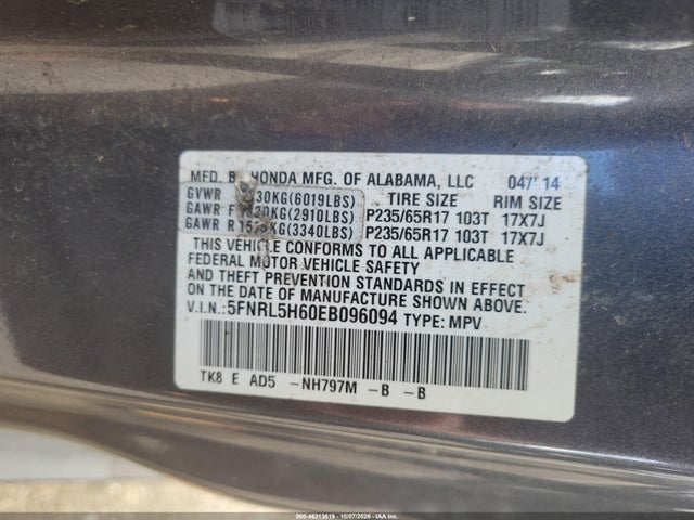 Продажа на аукционе авто 2014 Honda Odyssey Ex-l, vin: 5FNRL5H60EB096094, номер лота: 46313619