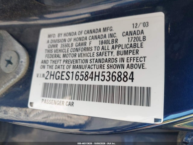 2004 Honda Civic Lx მანქანა იყიდება აუქციონზე, vin: 2HGES16584H536884, აუქციონის ნომერი: 46313626