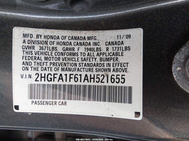 Продаж на аукціоні авто 2010 Honda Civic Lx-s, vin: 2HGFA1F61AH521655, номер лоту: 46313643