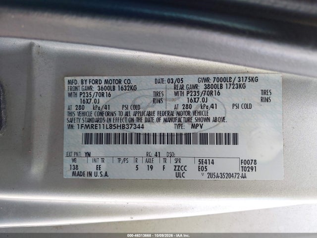 2005 Ford E-150 Chateau/xl/xlt მანქანა იყიდება აუქციონზე, vin: 1FMRE11L85HB37344, აუქციონის ნომერი: 46313668