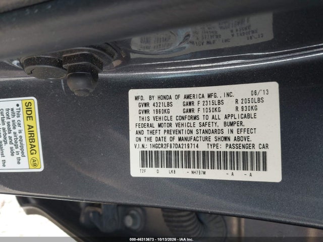 46313673 :رقم المزاد ، 1HGCR2F87DA219714 vin ، 2013 Honda Accord Ex-l مزاد بيع