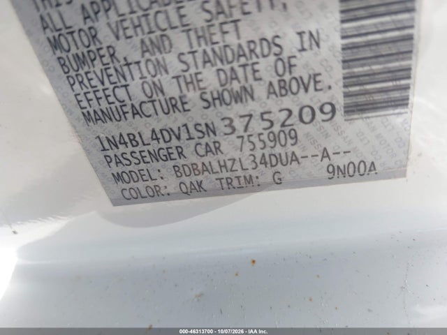 46313700 :رقم المزاد ، 1N4BL4DV1SN375209 vin ، 2025 Nissan Altima Sv Fwd مزاد بيع