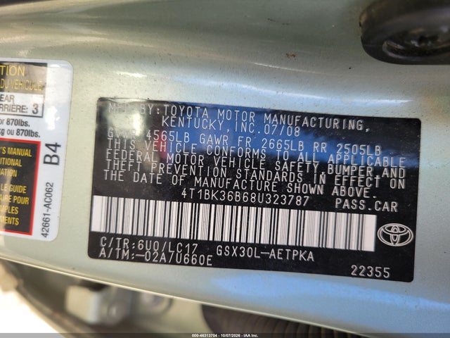2008 Toyota Avalon Limited მანქანა იყიდება აუქციონზე, vin: 4T1BK36B68U323787, აუქციონის ნომერი: 46313704