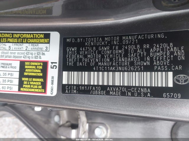 Aukcja sprzedaży 2022 Toyota Camry Le, vin: 4T1C11AK3NU626251, numer aukcji: 46313729