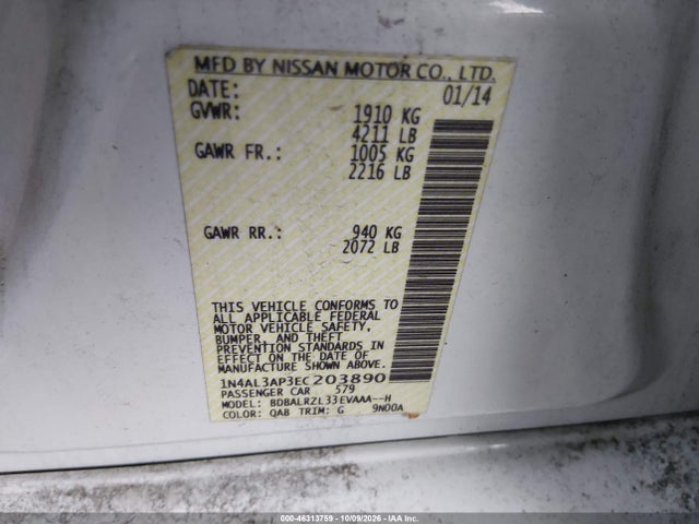 Продаж на аукціоні авто 2014 Nissan Altima 2.5 S, vin: 1N4AL3AP3EC203890, номер лоту: 46313759