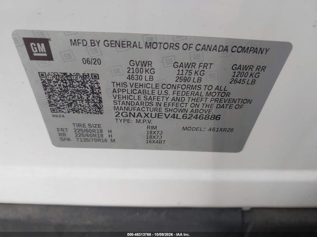 Aukcja sprzedaży 2020 Chevrolet Equinox Awd Lt 1.5l Turbo, vin: 2GNAXUEV4L6246886, numer aukcji: 46313768