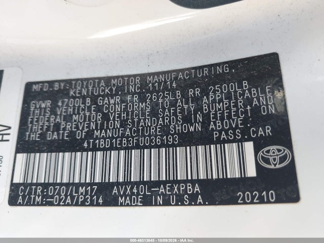 46313845 :رقم المزاد ، 4T1BD1EB3FU036193 vin ، 2015 Toyota Avalon Hybrid Limited مزاد بيع